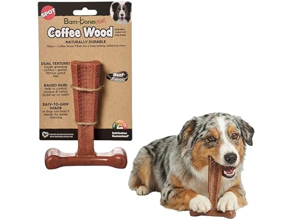 SPOT Bam-Bones Plus Coffee Wood T-Bone Dog Chew Toy, Beef