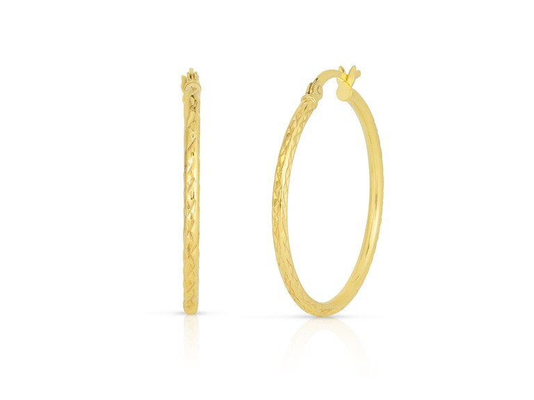 Italian 925 Sterling Silver 30 MM Diamond Cut Fancy Hoop Earrings Plated In 18K Gold 