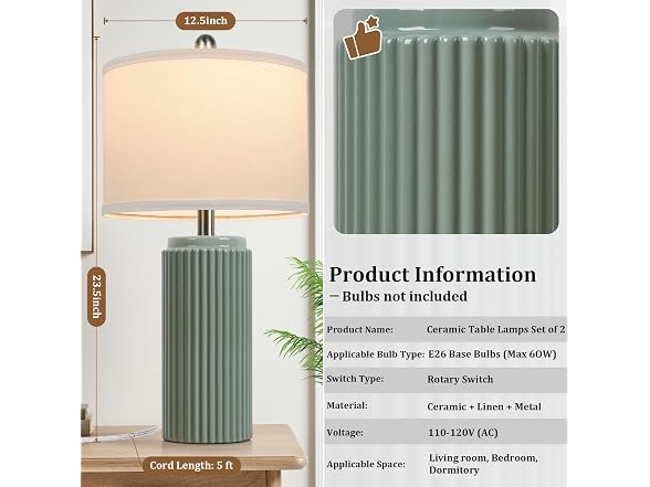 TOBUSA 23.5" Green Ceramic Table Lamps Set of 2